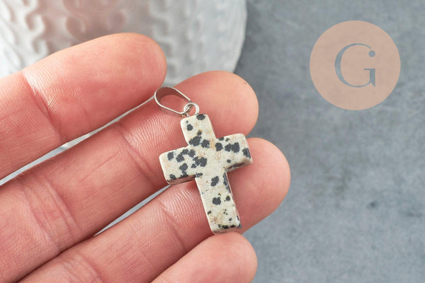 Pendentif croix jaspe dalmatien naturel acier inoxydable 29mm,pendentif pierre, support argent, création bijoux, x1 (G1695)