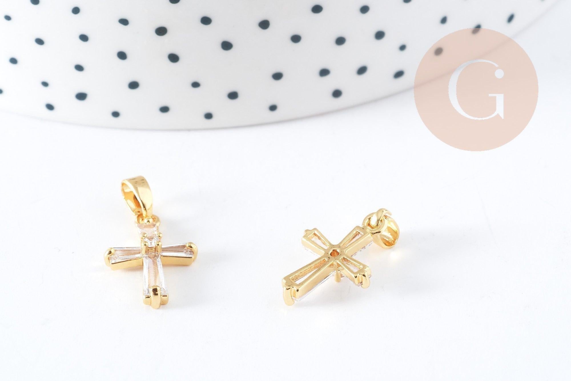 Pendentif croix laiton doré 18k zircons blancs transparents 17mm, création bijoux porte bonheur en zircon, x1 (G8968)