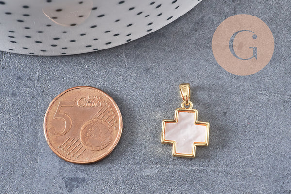 Pendentif croix laiton or blanc nacre 18K 15mm, x1 (G5985)