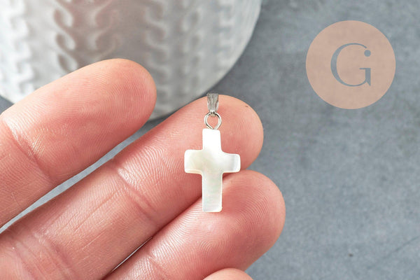 Pendentif croix nacre blanche naturelle zamac argenté 22mm, pendentif coquillage pour création bijoux, x1 (G6329)