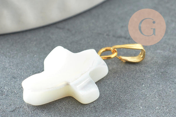 Pendentif croix nacre blanche, pendentif nacre,nacre support doré, pendentif,création bijoux, nacre naturelle, 22mm, x1 G1054