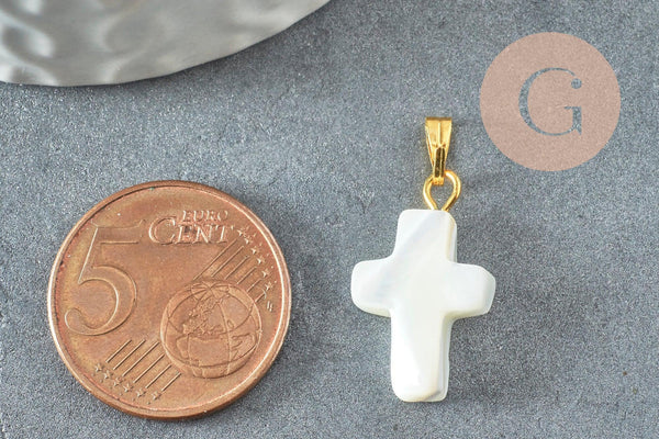 Pendentif croix nacre blanche, pendentif nacre,nacre support doré, pendentif,création bijoux, nacre naturelle, 22mm, x1 G1054