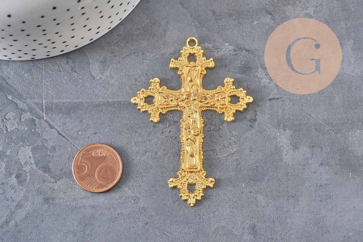 Pendentif croix zamac doré fleurs 74mm, x1 (G11311)-Breloques et pendentifs-Gingerlily Perles