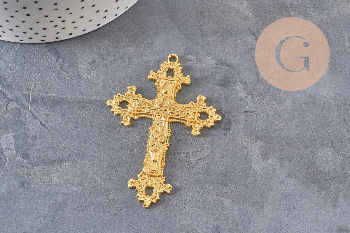 Pendentif croix zamac doré fleurs 74mm, x1 (G11311)-Breloques et pendentifs-Gingerlily Perles