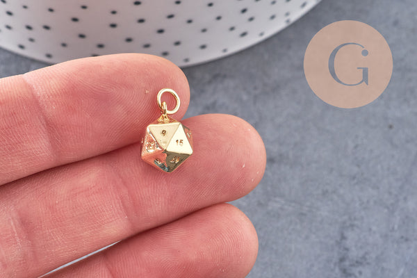 Pendentif dé 20 faces doré 18K,pendentif doré jeu,porte-bonheur, Pendentif jeu, 13.5mm, x1 (G3793)