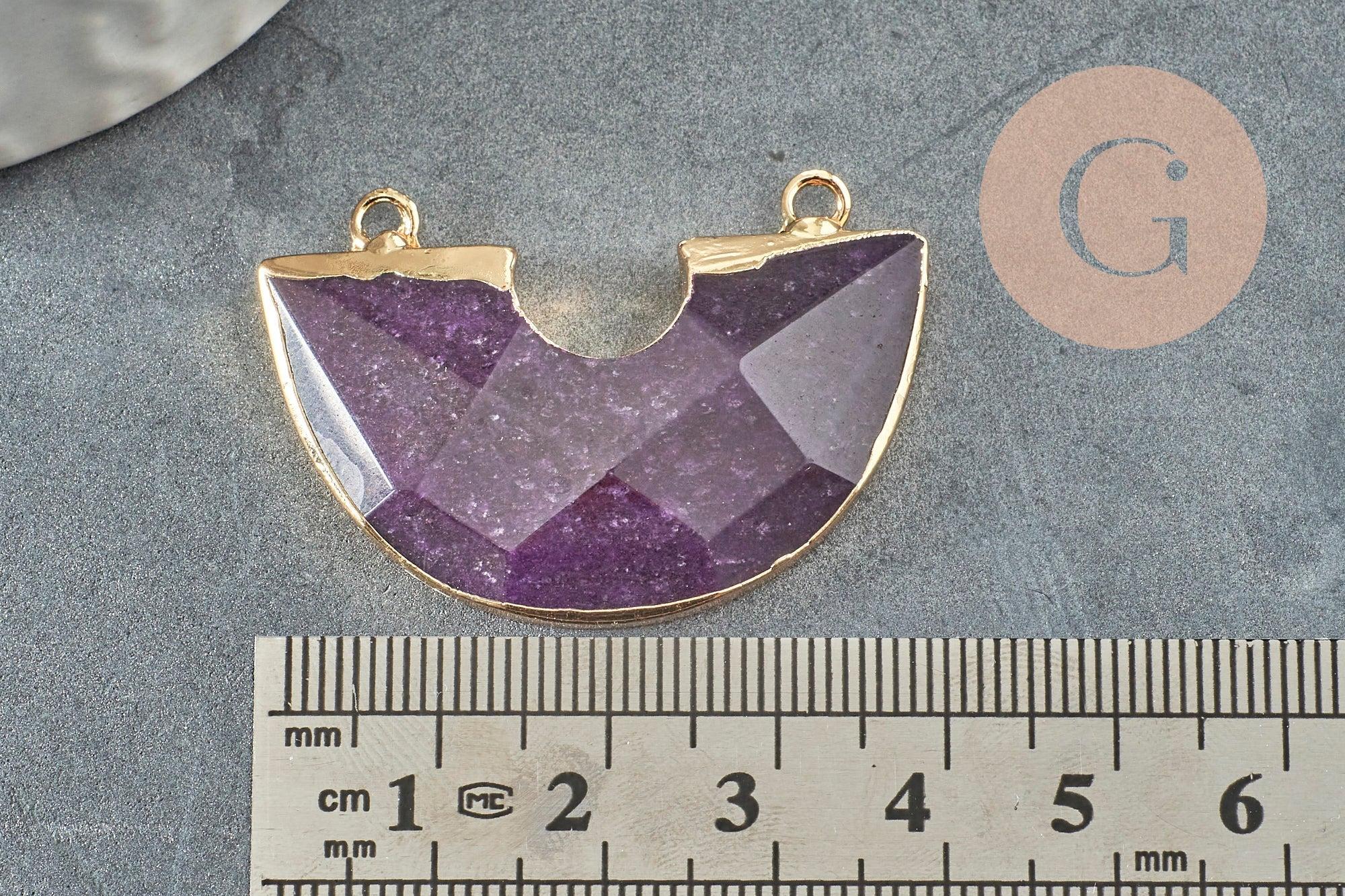 Pendentif demi-cercle améthyste fer doré 41mm,pendentif bijoux,lune améthyste,pendentif pierre améthyste naturelle, x1 G2331