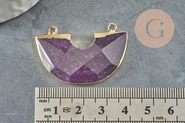 Pendentif demi-cercle améthyste fer doré 41mm,pendentif bijoux,lune améthyste,pendentif pierre améthyste naturelle, x1 G2331