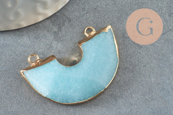 Pendentif demi-cercle jade bleu fer doré 41mm, pendentif bijou pierre naturelle, x1 G2308