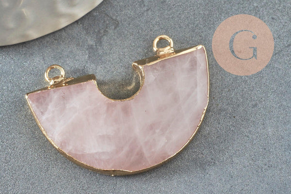 Pendentif demi-cercle quartz rose naturel fer doré 41mm, pendentif bijoux,fabrication collier,pendentif pierre naturelle x1 G0298