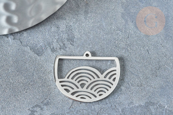 Pendentif demi-cercle vagues argenté acier inoxydable 24mm, création bijoux acier inoxydable, x1 G7608