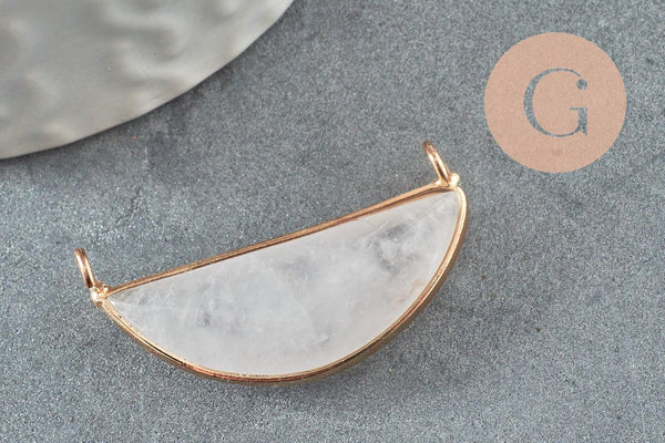 Pendentif demi-lune Cristal de roche naturel laiton doré 32mm,creation bijou pierre naturelle, x1 G0164