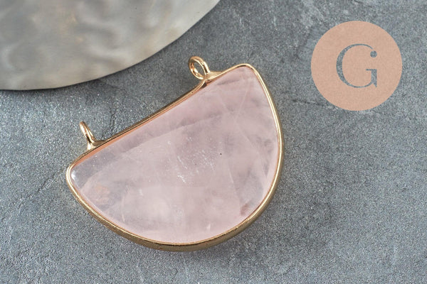 Pendentif demi-lune quartz rose naturel laiton doré 32mm,création bijoux litothérapie, x1 G0740