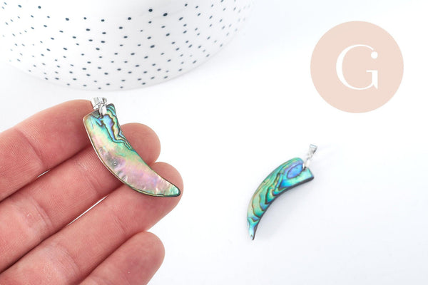 Pendentif dent nacre noire naturelle abalone laiton argenté 39-55mm, pendentif coquillage noir Ormeau, x1 (G8905)