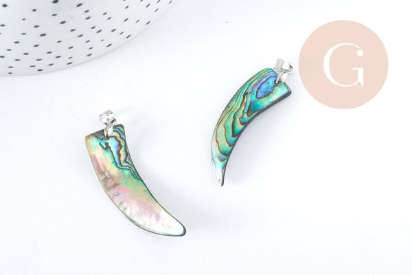 Pendentif dent nacre noire naturelle abalone laiton argenté 39-55mm, pendentif coquillage noir Ormeau, x1 (G8905)