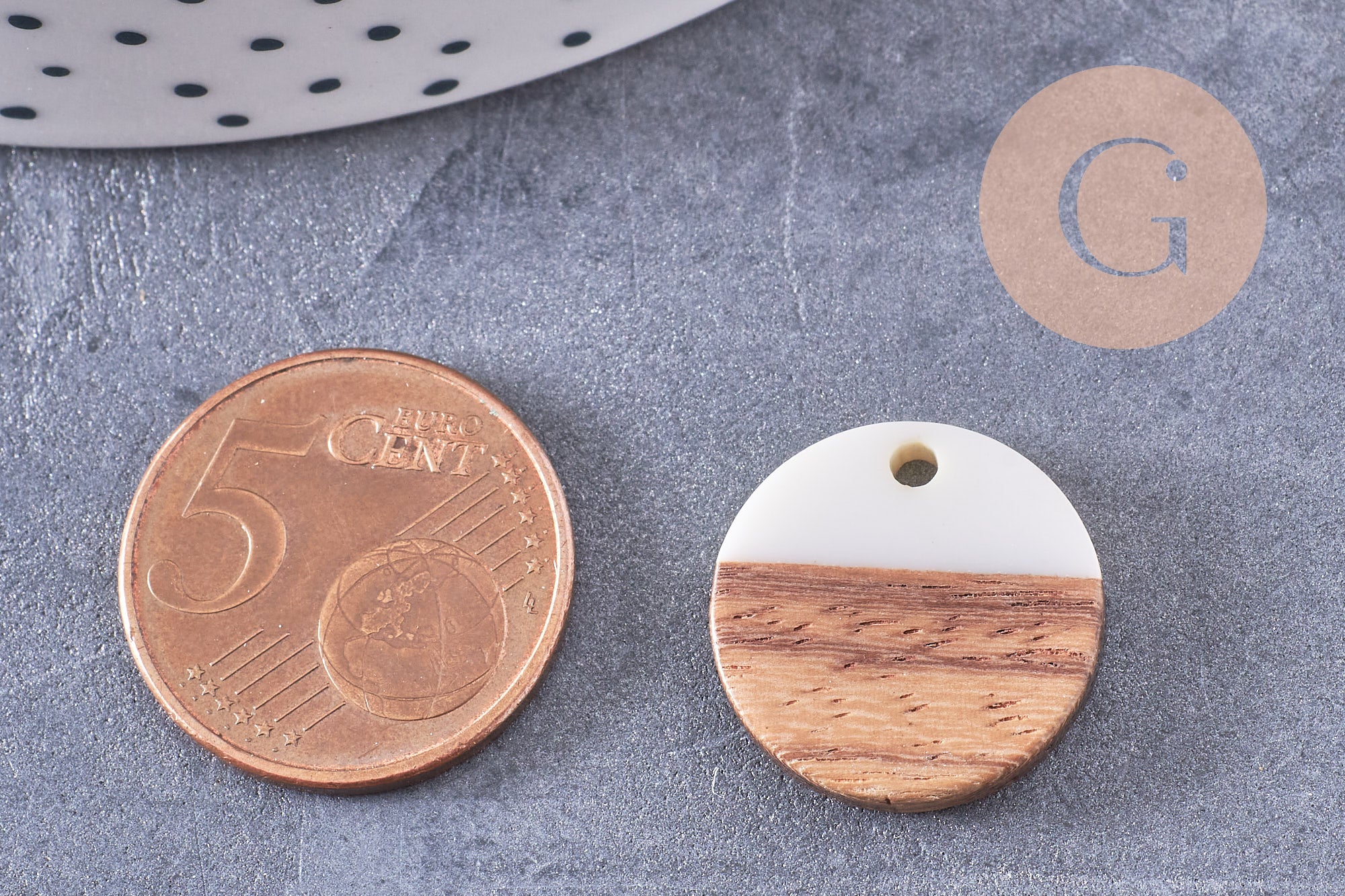 Pendentif disque bois résine blanche 18mm, x5 (G0330)