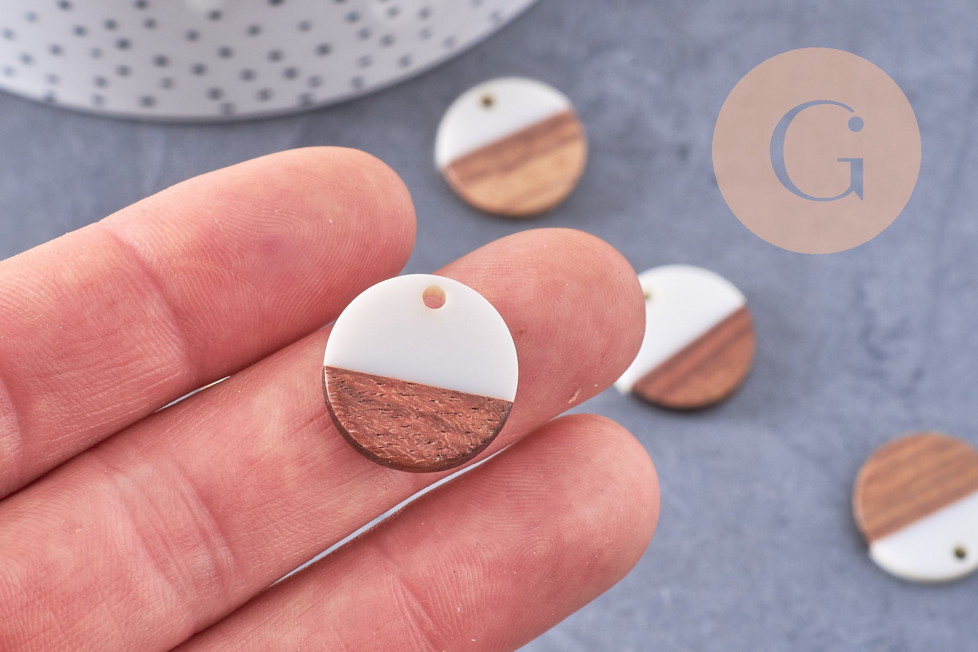 Pendentif disque bois résine blanche 18mm, x5 (G0330)