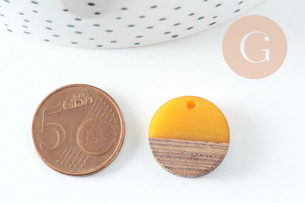 Pendentif disque bois résine jaune 18mm, x5 (G1804)