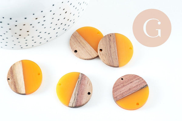 Pendentif disque bois résine jaune 28.5mm, x5 (G5128)