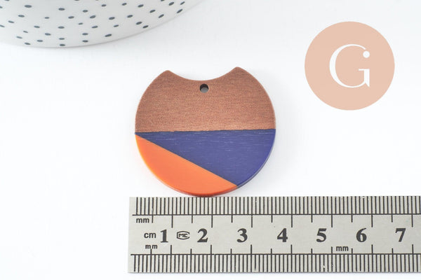 Pendentif disque en bois de noyer résine bleus et orange 37mm, x2 (G9849)