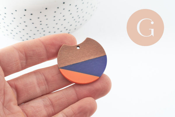 Pendentif disque en bois de noyer résine bleus et orange 37mm, x2 (G9849)