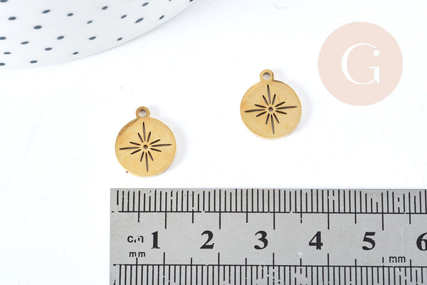 Pendentif dond plat étoile acier doré 304 inoxydable 14mm, x1 (G8723)
