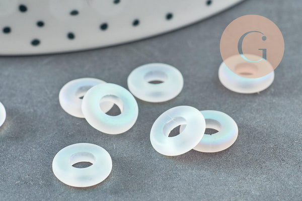 Pendentif donut disque verre blanc irisé 10x3mm,x10 (G6380)