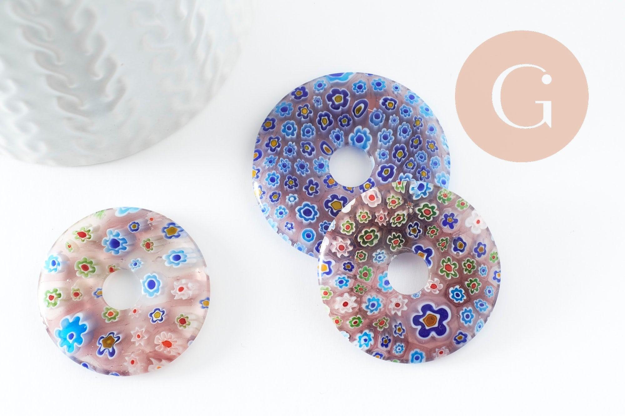 Pendentif donut millefiori murano multicolore 29-39mm x1 (G1451)