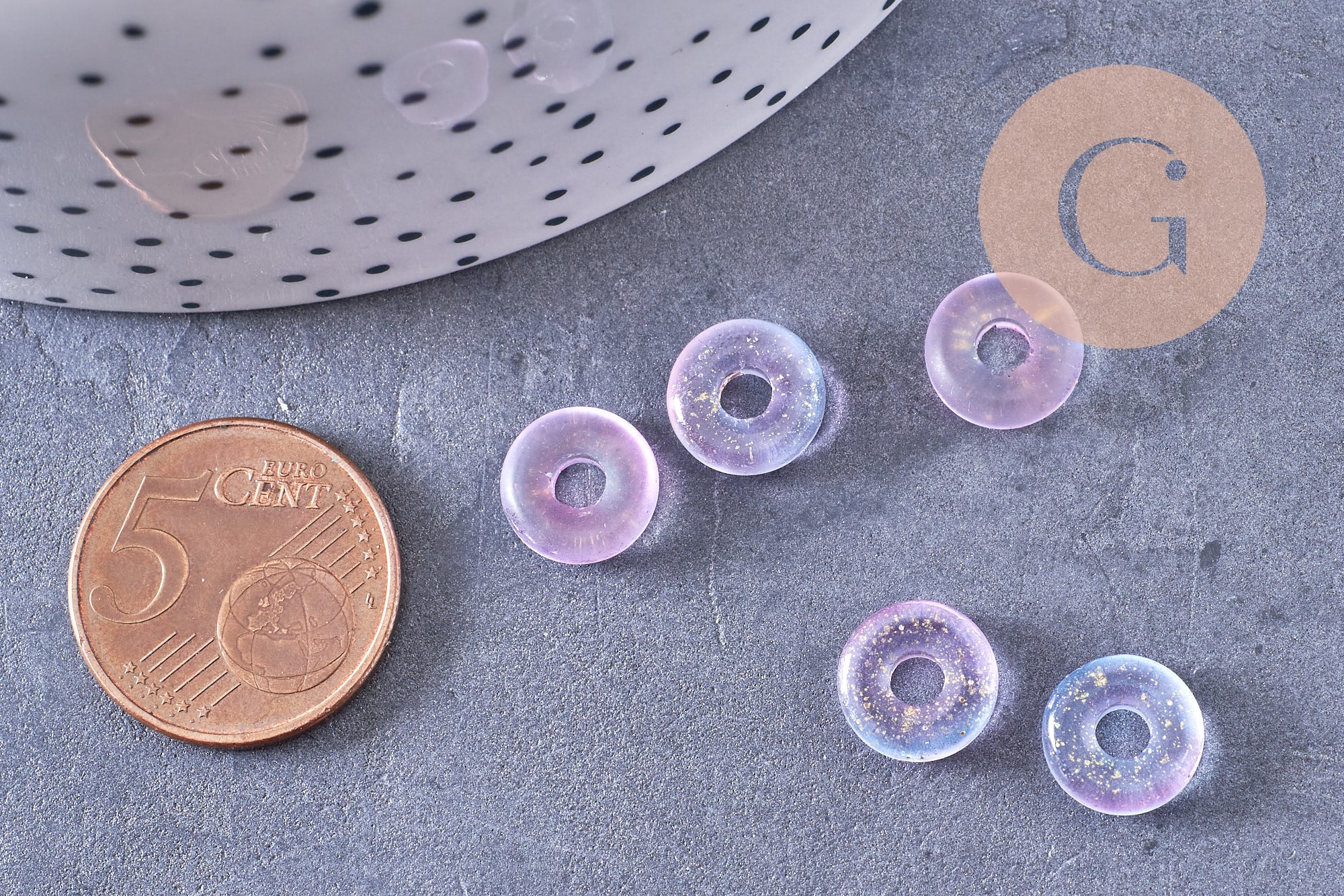 Pendentif donut verre violet rose feuille d'or 10x3mm, x10 (G10627)