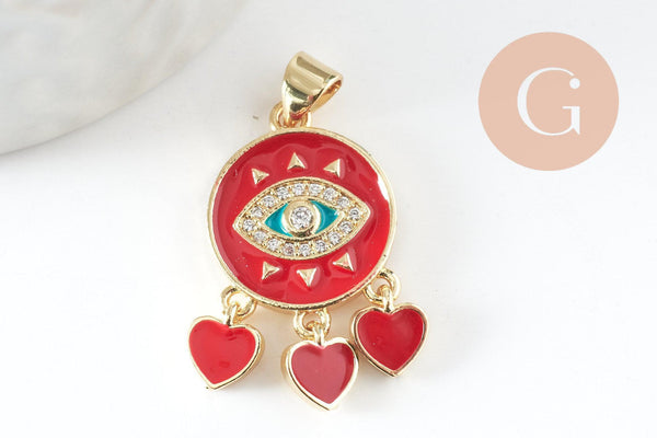 Pendentif doré oeil et coeur émail résine zircon, Pendentif pour femme en métal doré pour la création de bijoux,26.5mm, x1 (G3577)