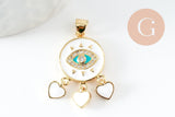 Pendentif doré oeil et coeur émail résine zircon, Pendentif pour femme en métal doré pour la création de bijoux,26.5mm, x1 (G3577)