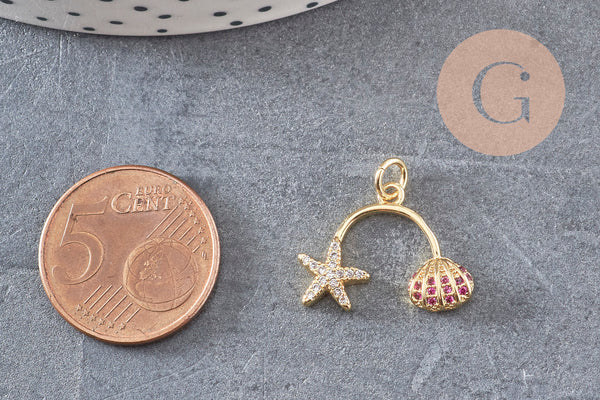 Pendentif double étoile de mer coquillage laiton doré zircon 17mm, pendentif or avec cristaux création de bijoux, x1 (G8695)