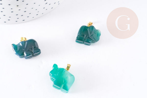 Pendentif éléphant agate verte support doré, pendentif pierre agate naturelle verte, 18.5mm, x1 (G3902)