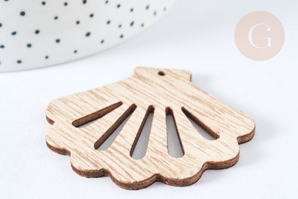 Pendentif en bois coquillage ajouré 52mm, x2 (G7275)