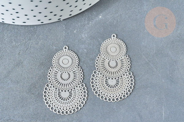 Pendentif estampe filigrane dentelle acier 201 inoxydable platine 40mm, x2 (G8014)