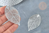 Pendentif estampe filigrane feuille acier 201 inoxydable platine 60mm, x2 (G8016)