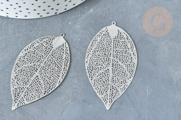 Pendentif estampe filigrane feuille acier 201 inoxydable platine 60mm, x2 (G8016)