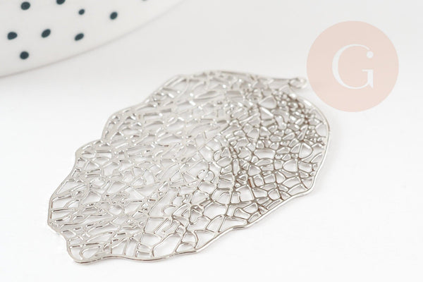 Pendentif estampe filigrane feuille dentelle géométrique laiton platine 51.5mm, Pendentif très fin et léger pour création de bijoux, x1 (G9270)