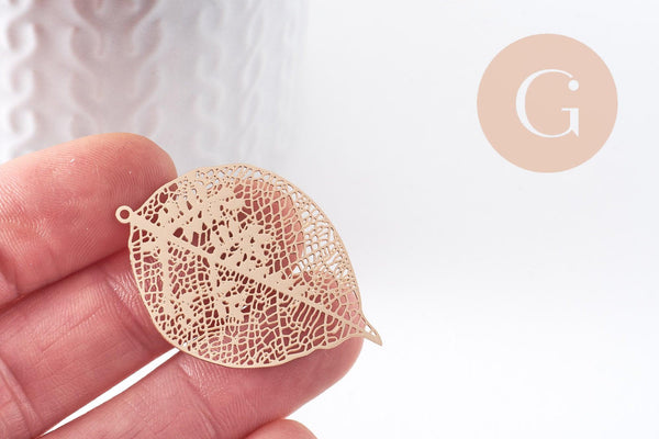 Pendentif estampe filigrane feuille laiton doré 42.5mm, x2 (G10350)