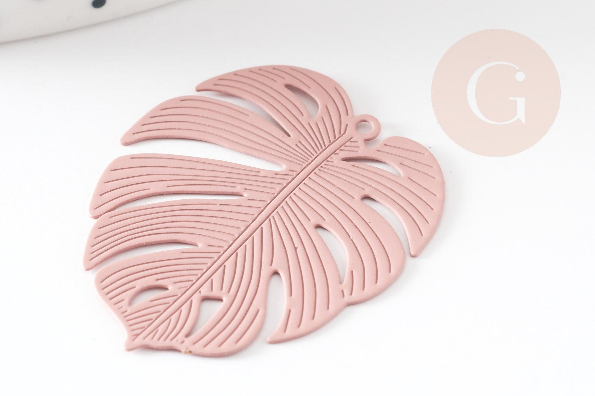 Pendentif estampe filigrane feuille monsterosa laiton rose, Pendentif très fin et léger,32 x 32 mm, x2 (G3698)