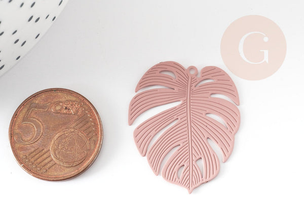 Pendentif estampe filigrane feuille monsterosa laiton rose, Pendentif très fin et léger,32 x 32 mm, x2 (G3698)