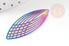 Pendentif estampe filigrane feuille ovale acier arc-en-ciel, Pendentif très fin et léger, 40x16mm, x2 (G4443)