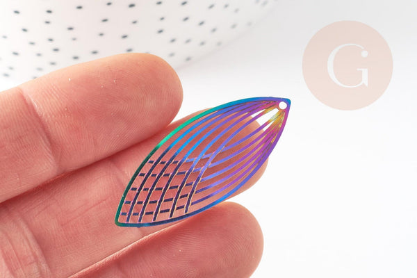 Pendentif estampe filigrane feuille ovale acier arc-en-ciel, Pendentif très fin et léger, 40x16mm, x2 (G4443)