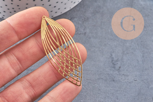Pendentif estampe filigrane feuille ovale laiton brut 56mm, x2 (G10930)