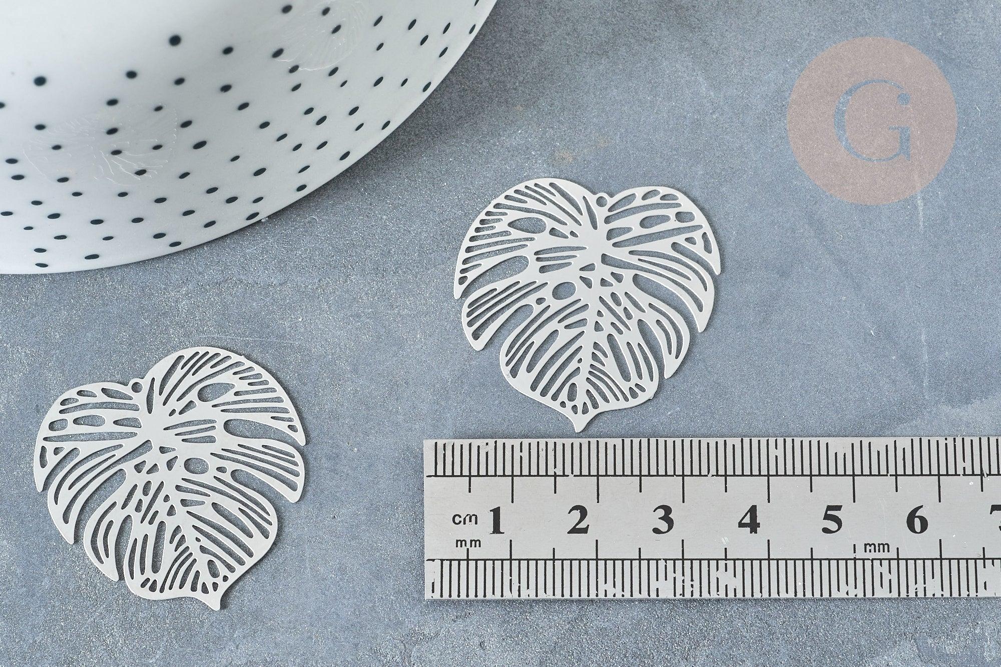 Pendentif estampe filigrane feuille tropicale acier 201 inoxydable platine 32mm, x2 (G8015)