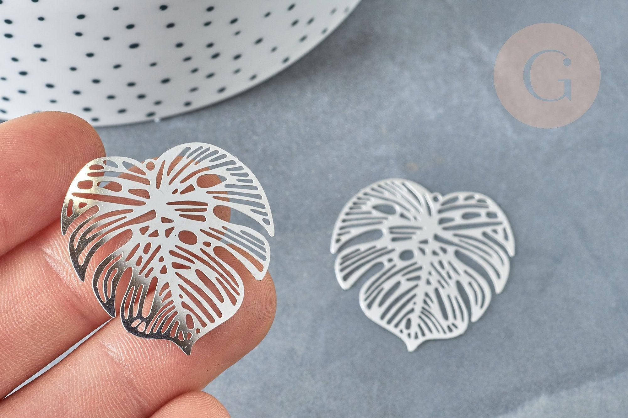 Pendentif estampe filigrane feuille tropicale acier 201 inoxydable platine 32mm, x2 (G8015)