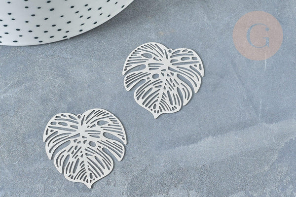 Pendentif estampe filigrane feuille tropicale acier 201 inoxydable platine 32mm, x2 (G8015)