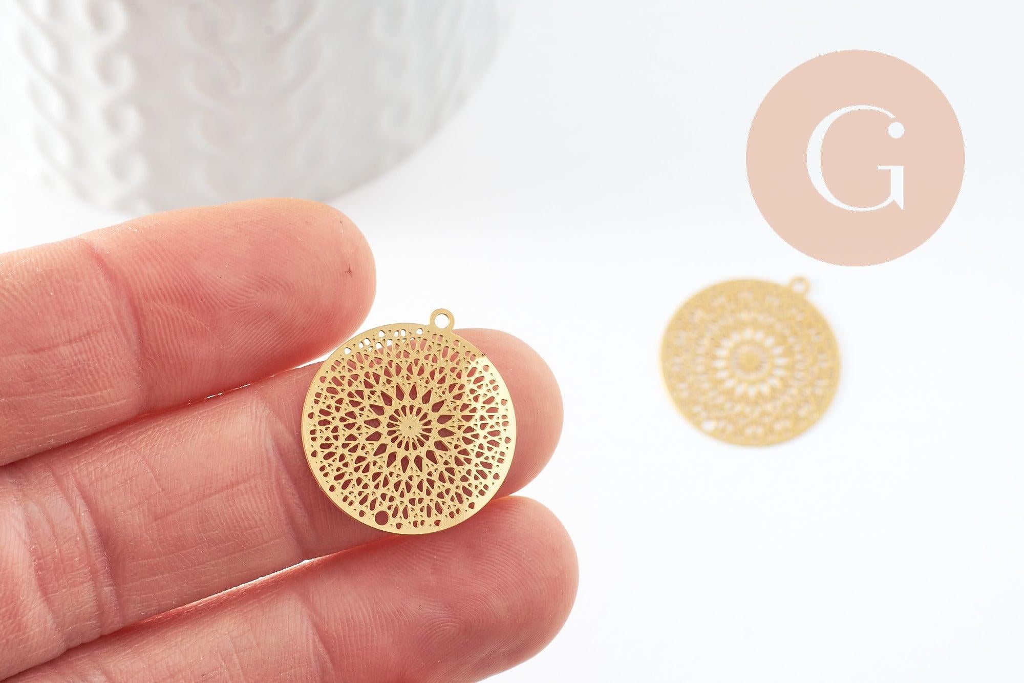 Pendentif estampe filigrane fleur Mandala acier inoxydable 201 doré 18K 20.5mm, x1 (G9422)