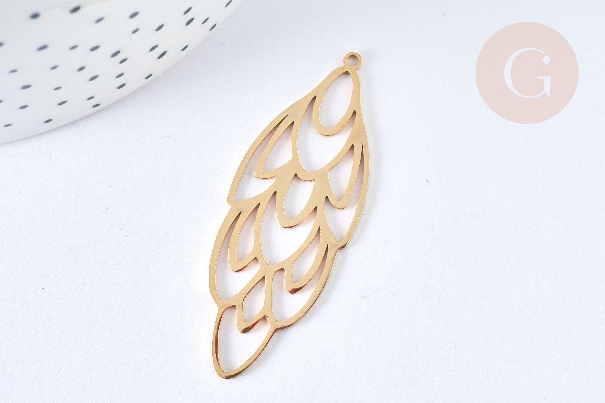 Pendentif estampe filigrane fleur acier inoxydable 201 doré 52mm, Pendentif léger création de bijoux, x1 G7254