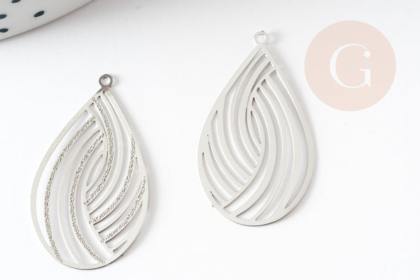 Pendentif estampe filigrane goutte acier inoxydable 304 argent texturé 32x18mm, Pendentif très fin et léger x2 (G4113)