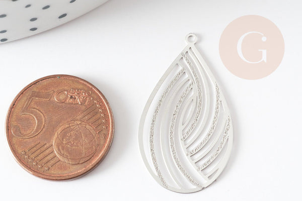 Pendentif estampe filigrane goutte acier inoxydable 304 argent texturé 32x18mm, Pendentif très fin et léger x2 (G4113)